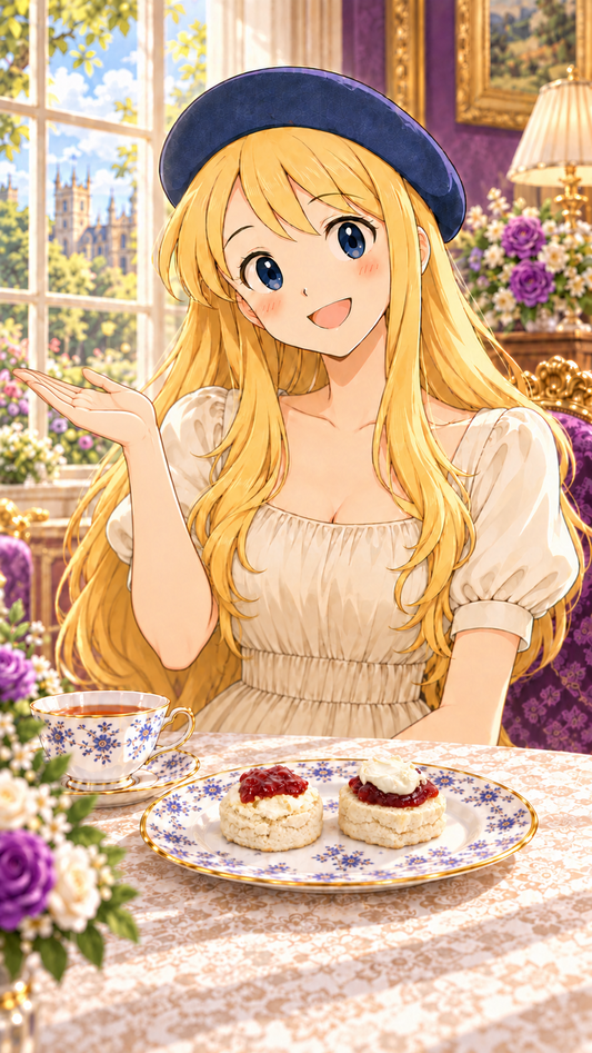 ハナちゃんと紅茶、ジャムとクリームを添えたスコーン