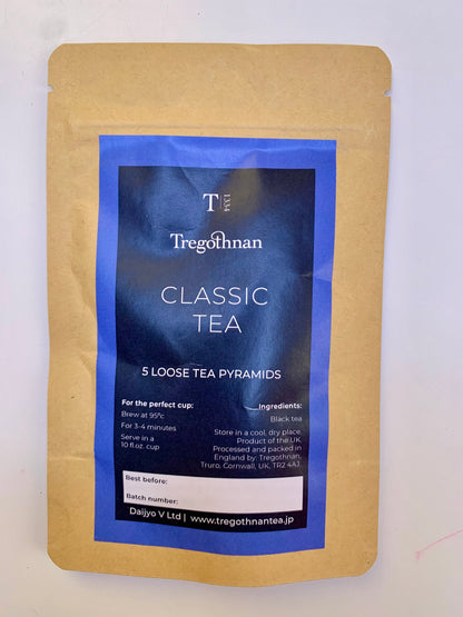 Tregothnan Classic tea in a brown pouch with 5 pyramid bags on a white background