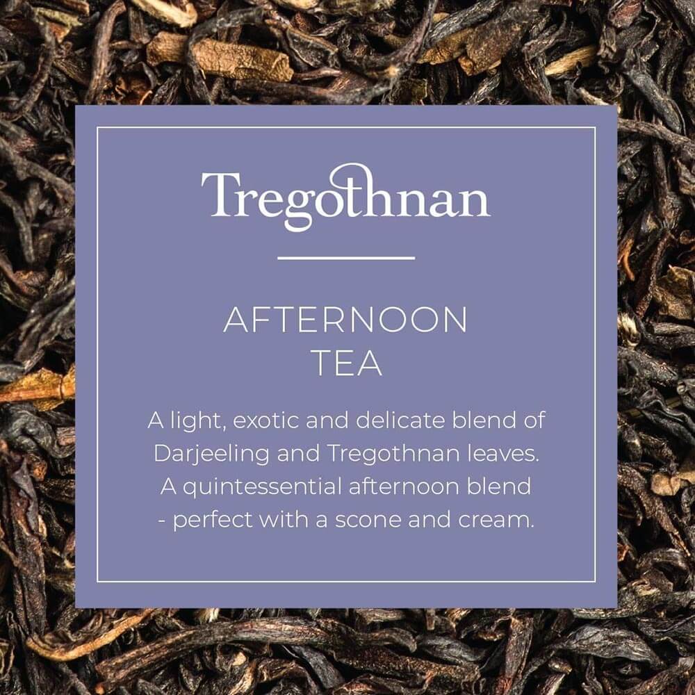 Tregothnan Afternoon Tea label with a backdrop of blended tea leaves.