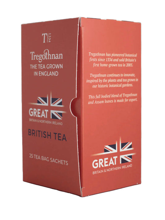 Tregothnan Great British tea 25 tea bags. the box is red with a small union jack 