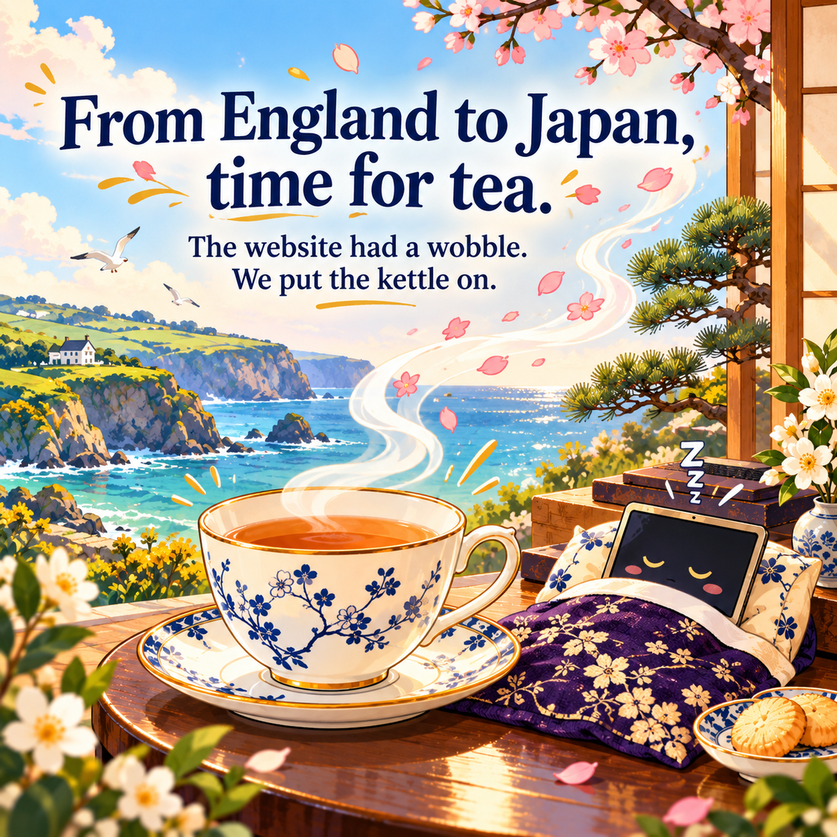 英国コーンウォールの海岸と紅茶のカップ、布団で眠るパソコンのイラスト。画像内の文字：From England to Japan, time for tea. The website had a wobble. We put the kettle on.