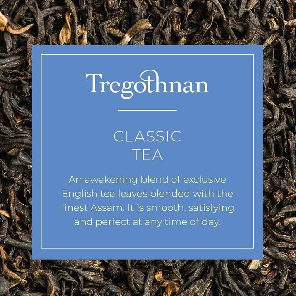 Tregothnan Classic Tea label centred on dark tea leaves background.