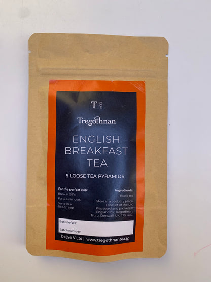 Tregothnan branded English Breakfast pouch with 5 pyramids bags inside on a white background
