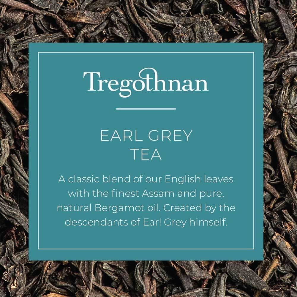 Tregothnan Earl Grey Tea branding over dried tea leaves texture.