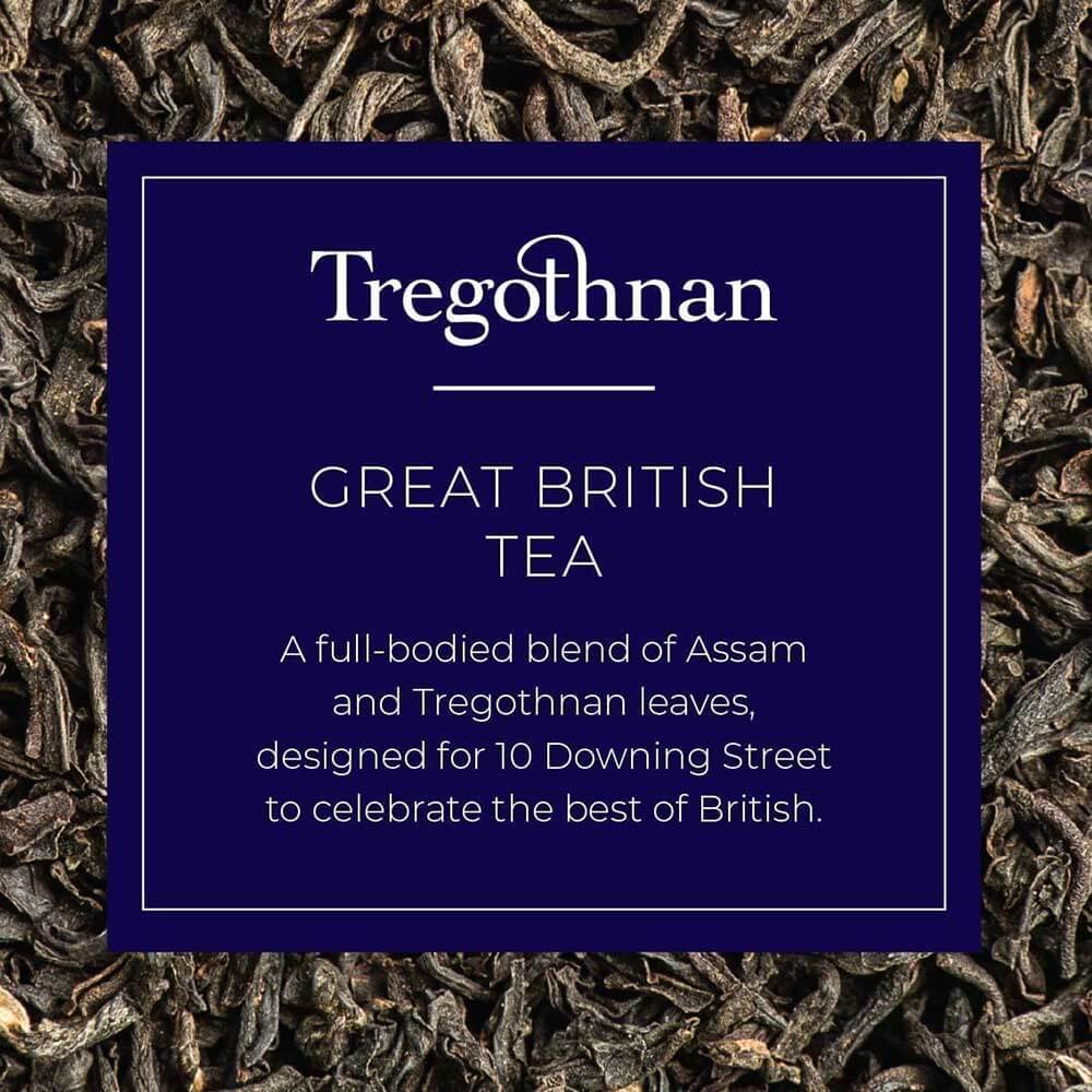 Tregothnan Great British Tea blend packaging, with loose tea leaves backdrop.