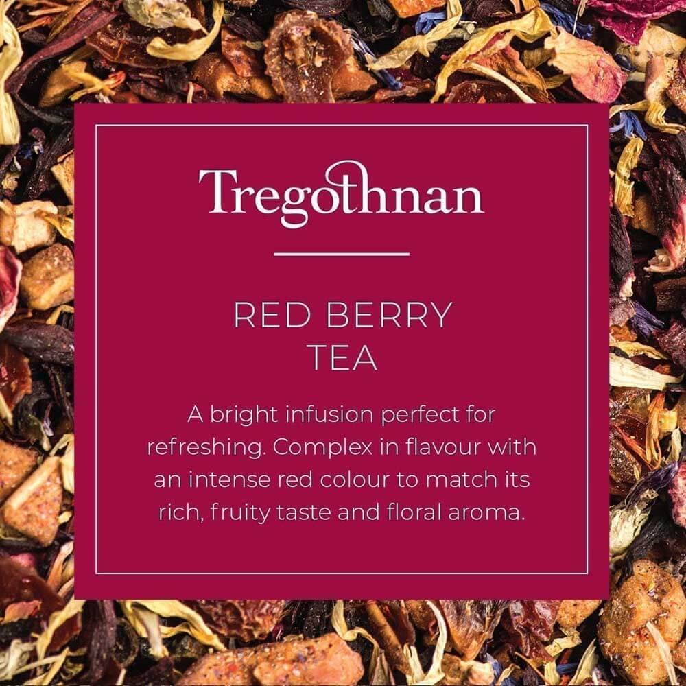 Tregothnan Red Berry Tea label on colourful dried fruit and flower mix.