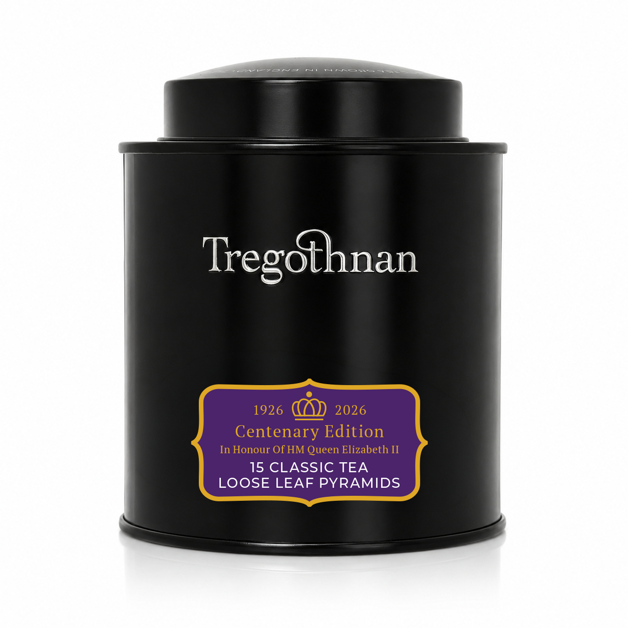 Tregothnan Centenary Edition commemorative black tin with royal purple and gold label, 1926–2026