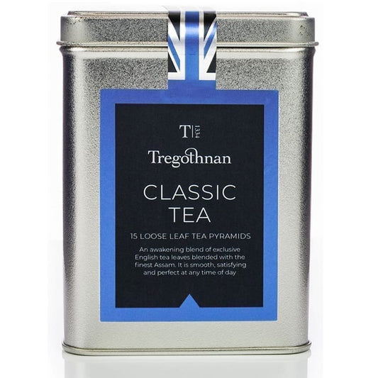Tregothnan Classic Tea tin featuring loose leaf tea pyramids, set against a white background.